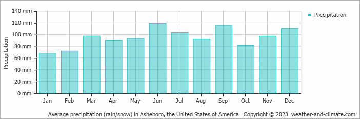 Average monthly rainfall, snow, precipitation in Asheboro, the United States of America