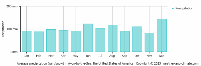 Average monthly rainfall, snow, precipitation in Avon-by-the-Sea, the United States of America