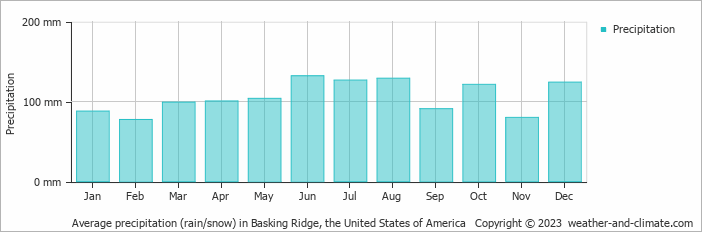 Average monthly rainfall, snow, precipitation in Basking Ridge, the United States of America