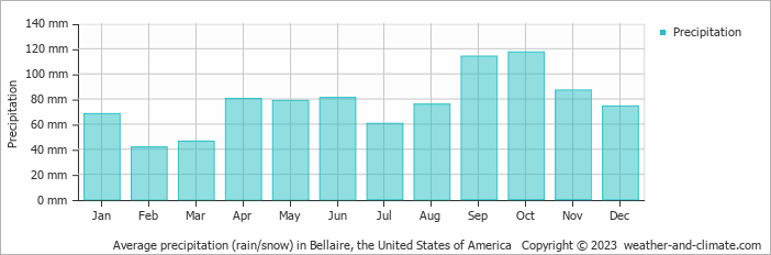 Average monthly rainfall, snow, precipitation in Bellaire, the United States of America