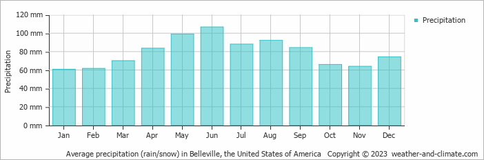 Average monthly rainfall, snow, precipitation in Belleville, the United States of America