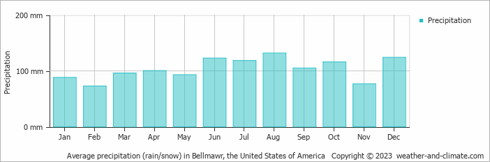 Average monthly rainfall, snow, precipitation in Bellmawr, the United States of America