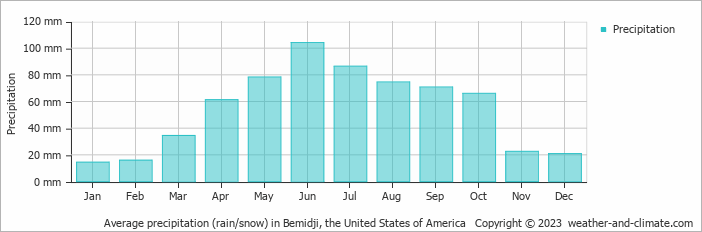 Average monthly rainfall, snow, precipitation in Bemidji, the United States of America