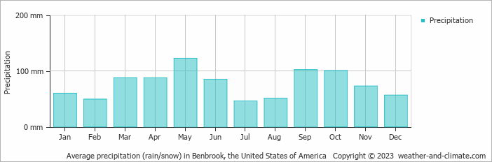 Average monthly rainfall, snow, precipitation in Benbrook, the United States of America