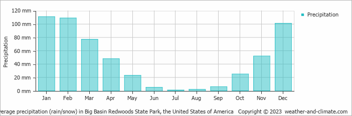 Average monthly rainfall, snow, precipitation in Big Basin Redwoods State Park, the United States of America