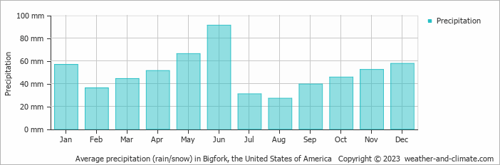 Average monthly rainfall, snow, precipitation in Bigfork, the United States of America