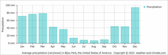 Average monthly rainfall, snow, precipitation in Bijou Park, the United States of America