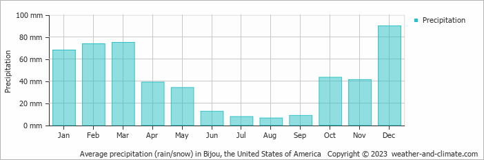 Average monthly rainfall, snow, precipitation in Bijou, the United States of America