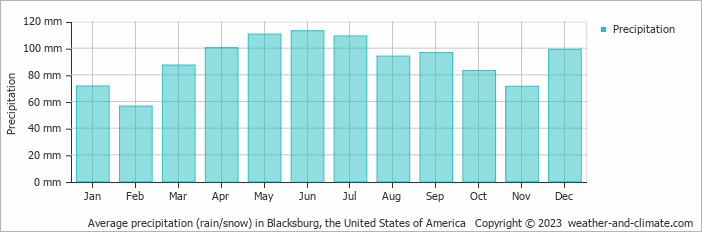 Average monthly rainfall, snow, precipitation in Blacksburg, the United States of America