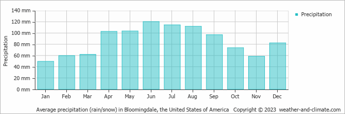 Average monthly rainfall, snow, precipitation in Bloomingdale, the United States of America