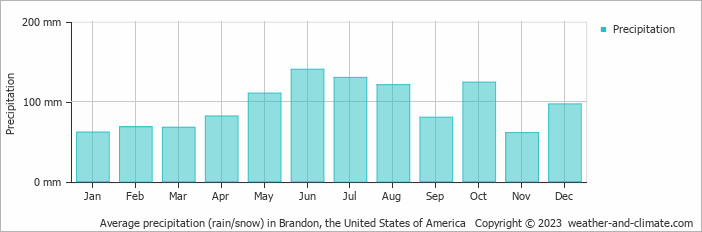 Average monthly rainfall, snow, precipitation in Brandon, the United States of America