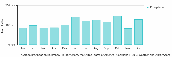Average monthly rainfall, snow, precipitation in Brattleboro, the United States of America