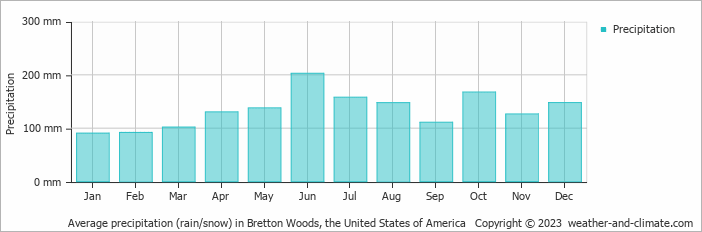 Average monthly rainfall, snow, precipitation in Bretton Woods, the United States of America