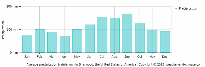 Average monthly rainfall, snow, precipitation in Briarwood, the United States of America