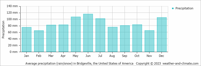 Average monthly rainfall, snow, precipitation in Bridgeville, the United States of America