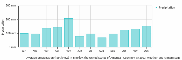 Average monthly rainfall, snow, precipitation in Brinkley, the United States of America