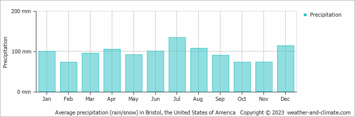 Average monthly rainfall, snow, precipitation in Bristol, the United States of America