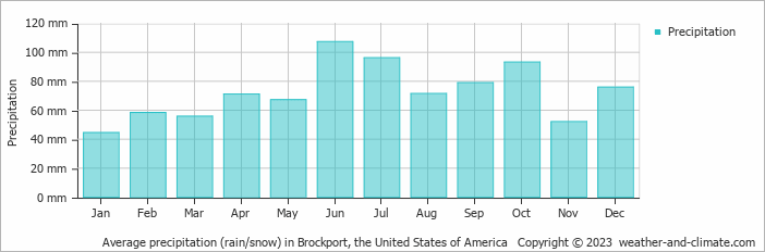 Average monthly rainfall, snow, precipitation in Brockport, the United States of America