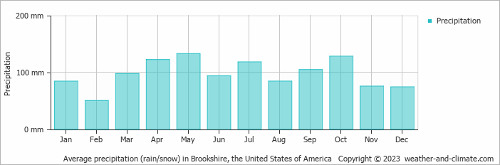 Average monthly rainfall, snow, precipitation in Brookshire, the United States of America