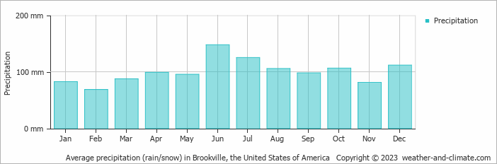 Average monthly rainfall, snow, precipitation in Brookville, the United States of America