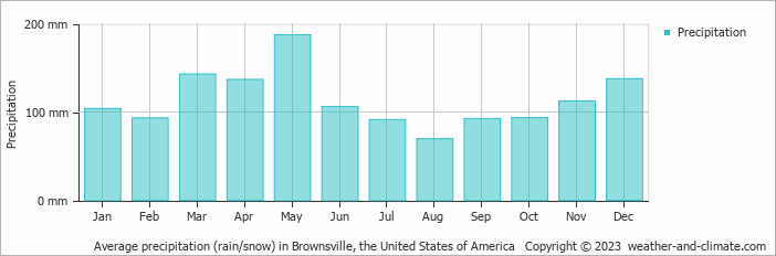 Average monthly rainfall, snow, precipitation in Brownsville, the United States of America