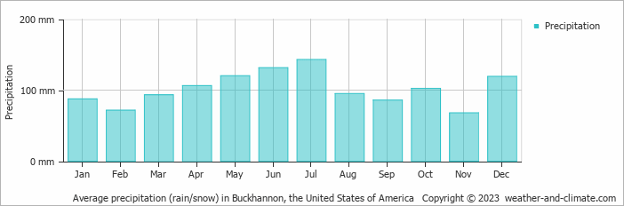 Average monthly rainfall, snow, precipitation in Buckhannon, the United States of America