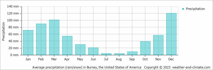 Average monthly rainfall, snow, precipitation in Burney, the United States of America