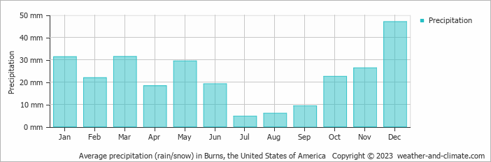 Average monthly rainfall, snow, precipitation in Burns, the United States of America