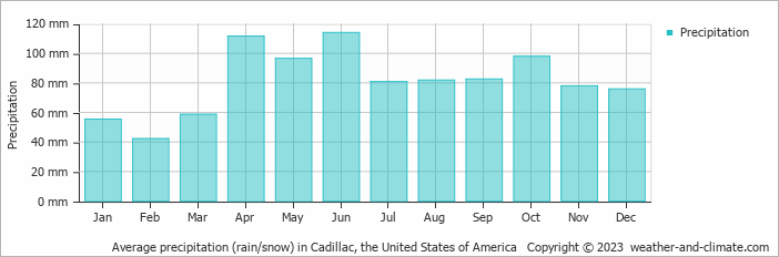 Average monthly rainfall, snow, precipitation in Cadillac, the United States of America