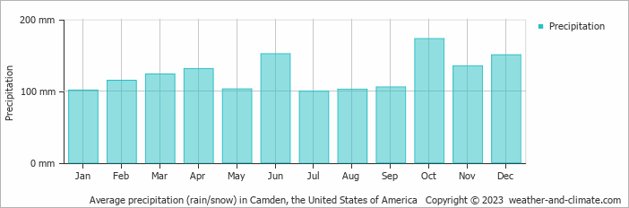 Average monthly rainfall, snow, precipitation in Camden, the United States of America