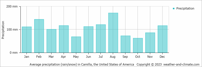 Average monthly rainfall, snow, precipitation in Camilla, the United States of America