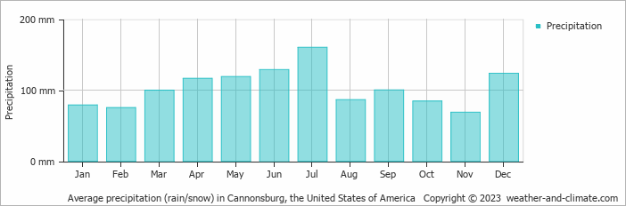 Average monthly rainfall, snow, precipitation in Cannonsburg, the United States of America
