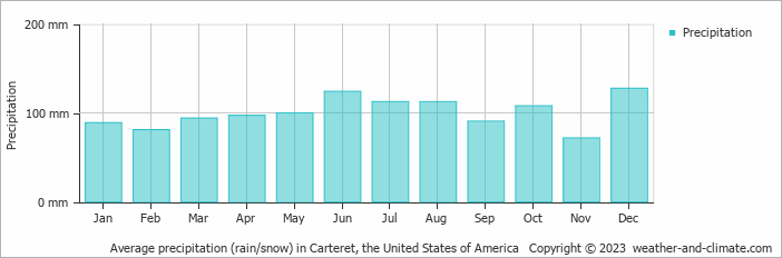 Average monthly rainfall, snow, precipitation in Carteret, the United States of America