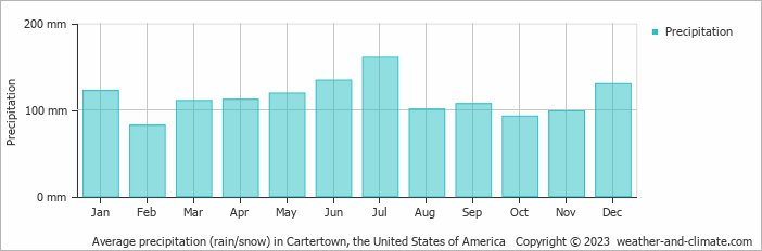 Average monthly rainfall, snow, precipitation in Cartertown, the United States of America