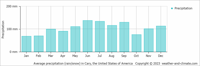 Average monthly rainfall, snow, precipitation in Cary, the United States of America