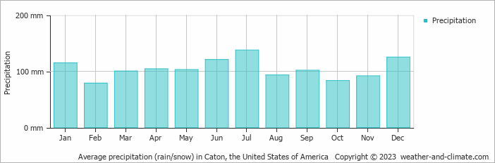 Average monthly rainfall, snow, precipitation in Caton, the United States of America