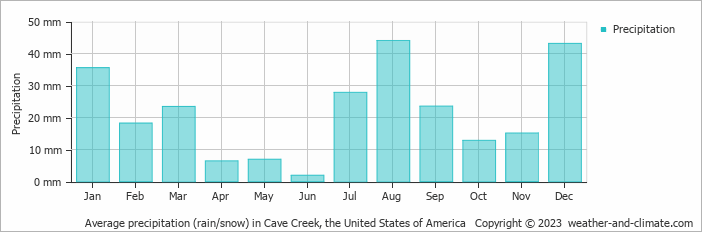Average monthly rainfall, snow, precipitation in Cave Creek, the United States of America