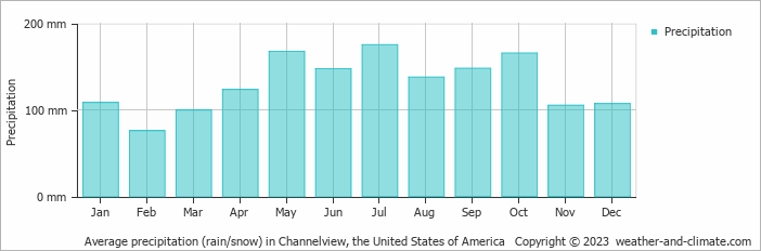 Average monthly rainfall, snow, precipitation in Channelview, the United States of America
