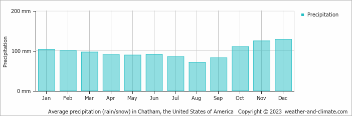 Average monthly rainfall, snow, precipitation in Chatham, the United States of America
