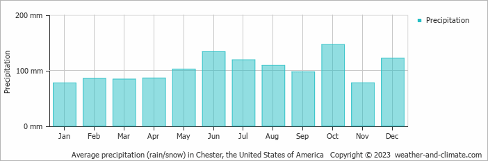 Average monthly rainfall, snow, precipitation in Chester, the United States of America
