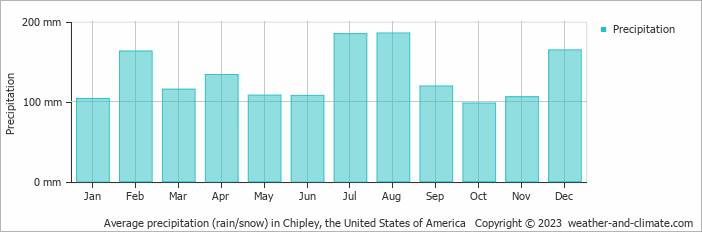 Average monthly rainfall, snow, precipitation in Chipley, the United States of America