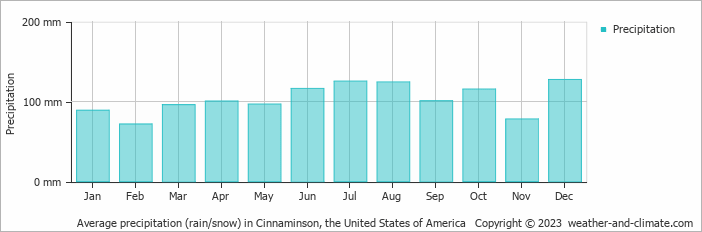 Average monthly rainfall, snow, precipitation in Cinnaminson, the United States of America
