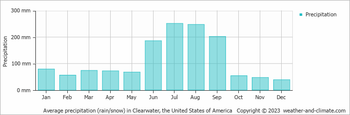 Average monthly rainfall, snow, precipitation in Clearwater, the United States of America
