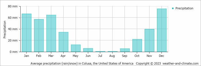 Average monthly rainfall, snow, precipitation in Colusa, the United States of America