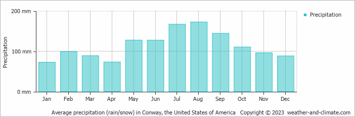 Average monthly rainfall, snow, precipitation in Conway, the United States of America