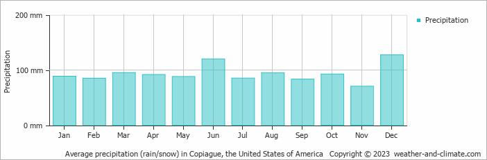 Average monthly rainfall, snow, precipitation in Copiague, the United States of America