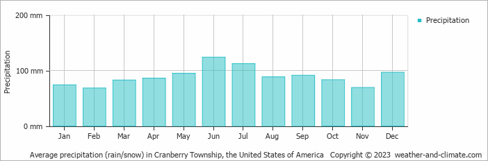 Average monthly rainfall, snow, precipitation in Cranberry Township, the United States of America