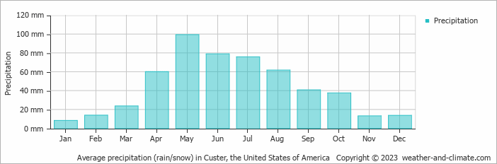 Average monthly rainfall, snow, precipitation in Custer, the United States of America