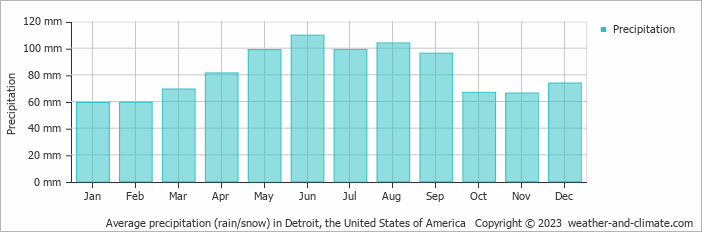 Average monthly rainfall, snow, precipitation in Detroit, the United States of America