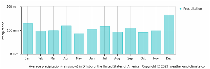 Average monthly rainfall, snow, precipitation in Dillsboro, the United States of America